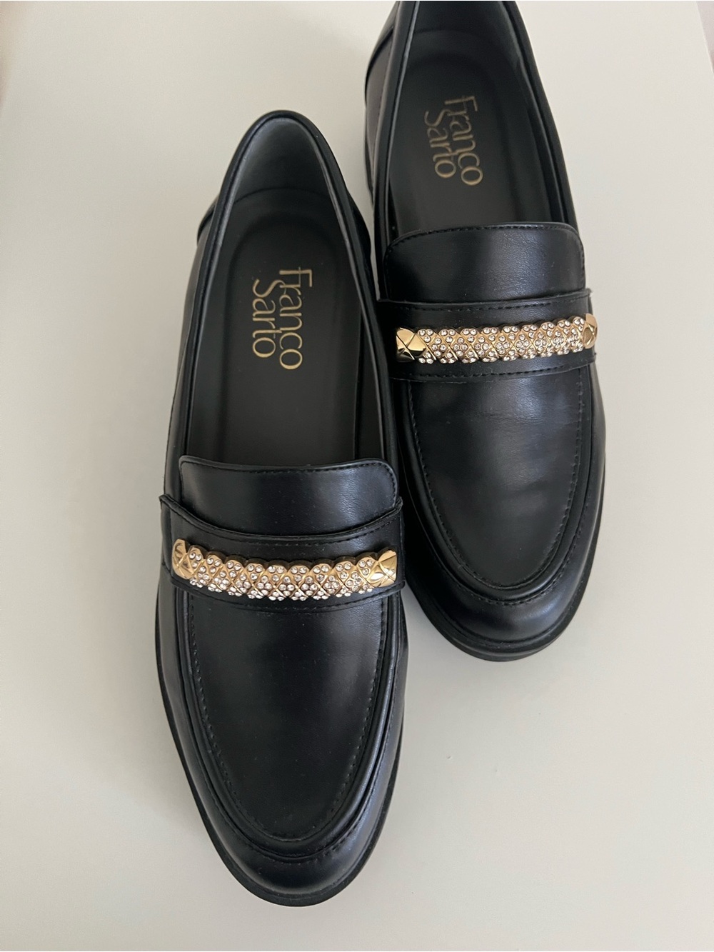 Frances Valentine Black Leather Loafers with Gold Chain Detail
